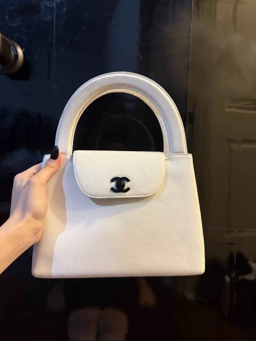 chanel white caviar kelly top handle bag vintage grained calfskin pocket logo